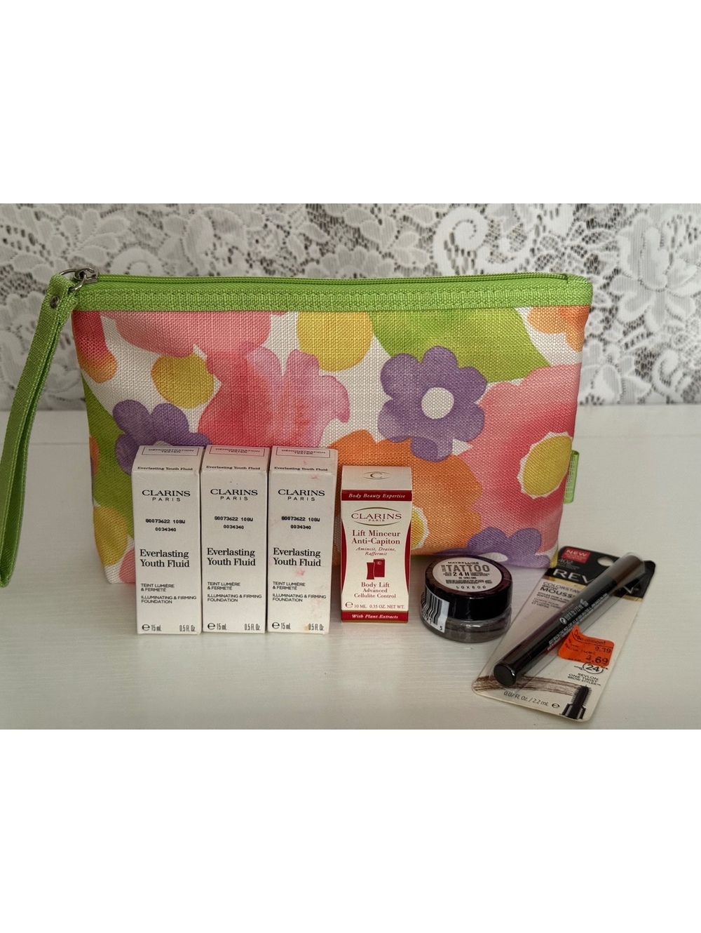 Clinique Floral Cosmetic Bag Makeup Bundle Clarins Maybelline Revlon New
